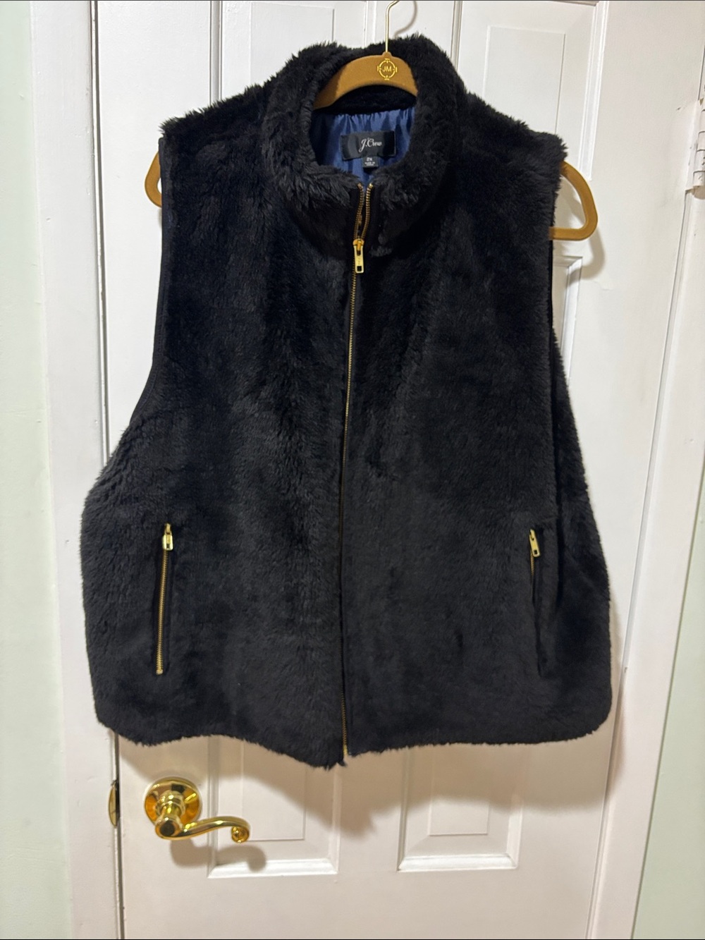J. Crew Black Faux Fur Zip Front Vest with Gold Zippers
